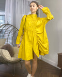 Asymmetry with Elasticated design cotton blend shirt dress in yellow