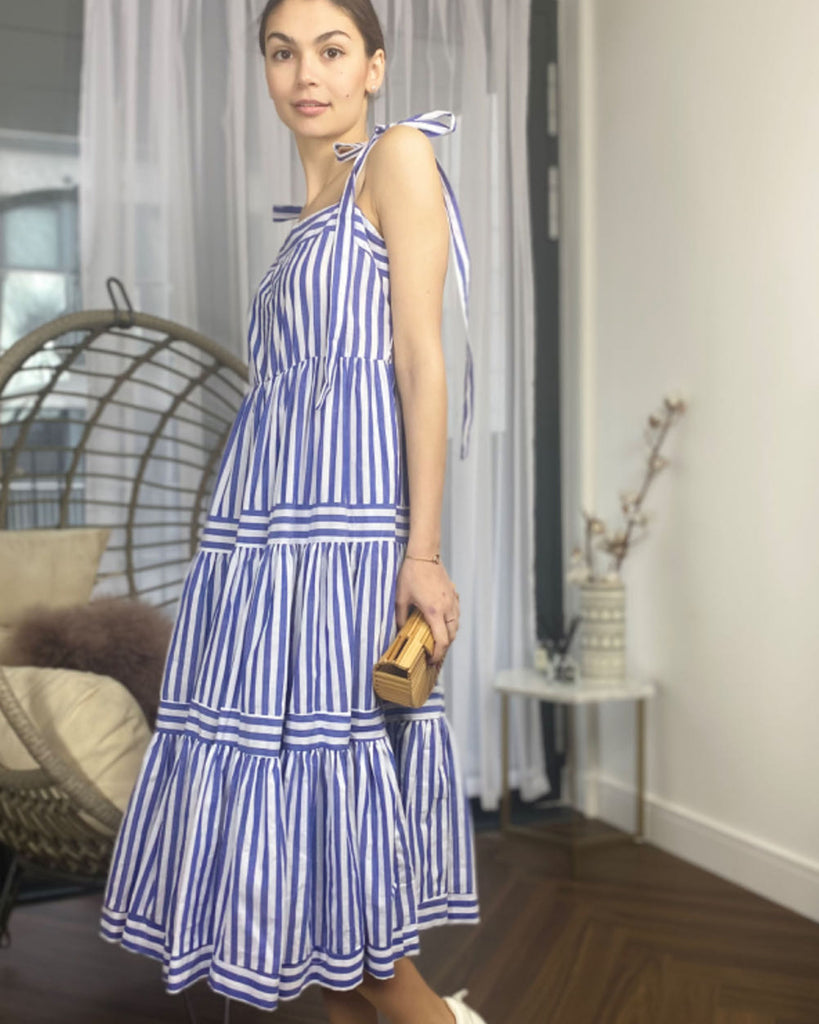 BLUE Stripe Print Comfort Cotton Blend Midi Dress