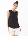 Pearl Embellished Neckline Sleeveless Top (White)