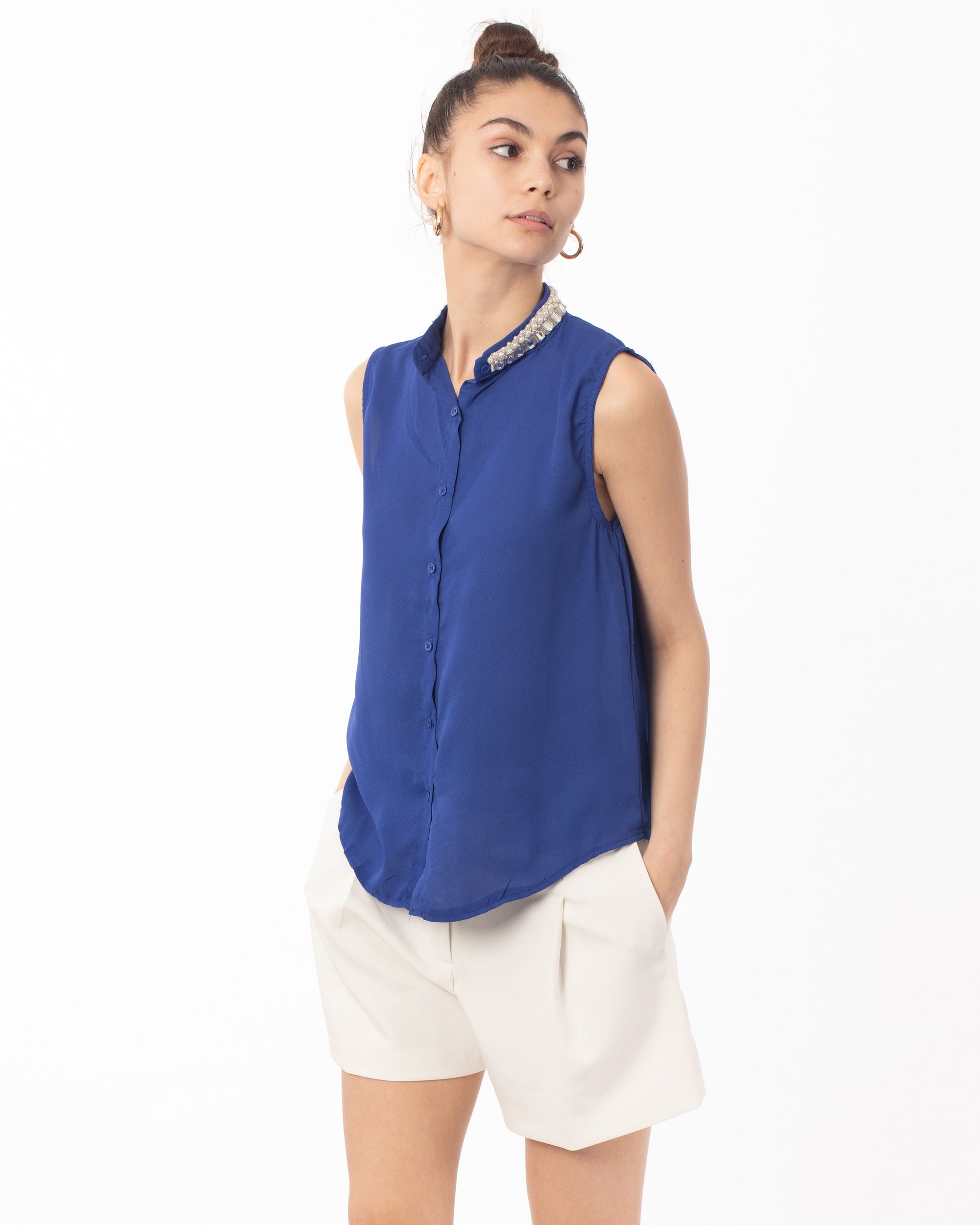 Pearl Embellished Neckline Sleeveless Top (Blue)