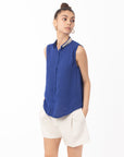 Pearl Embellished Neckline Sleeveless Top (Blue)