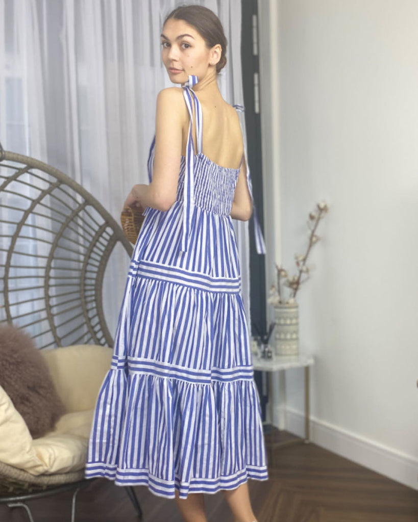 BLUE Stripe Print Comfort Cotton Blend Midi Dress