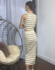 Knitted stripe print vest top and midi skirt co-ords set in beige