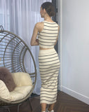 Knitted stripe print vest top and midi skirt co-ords set in beige