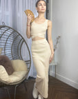 Knitted bodycon style vest top with tie up design and midi pencil skirt co-ords set in Beige