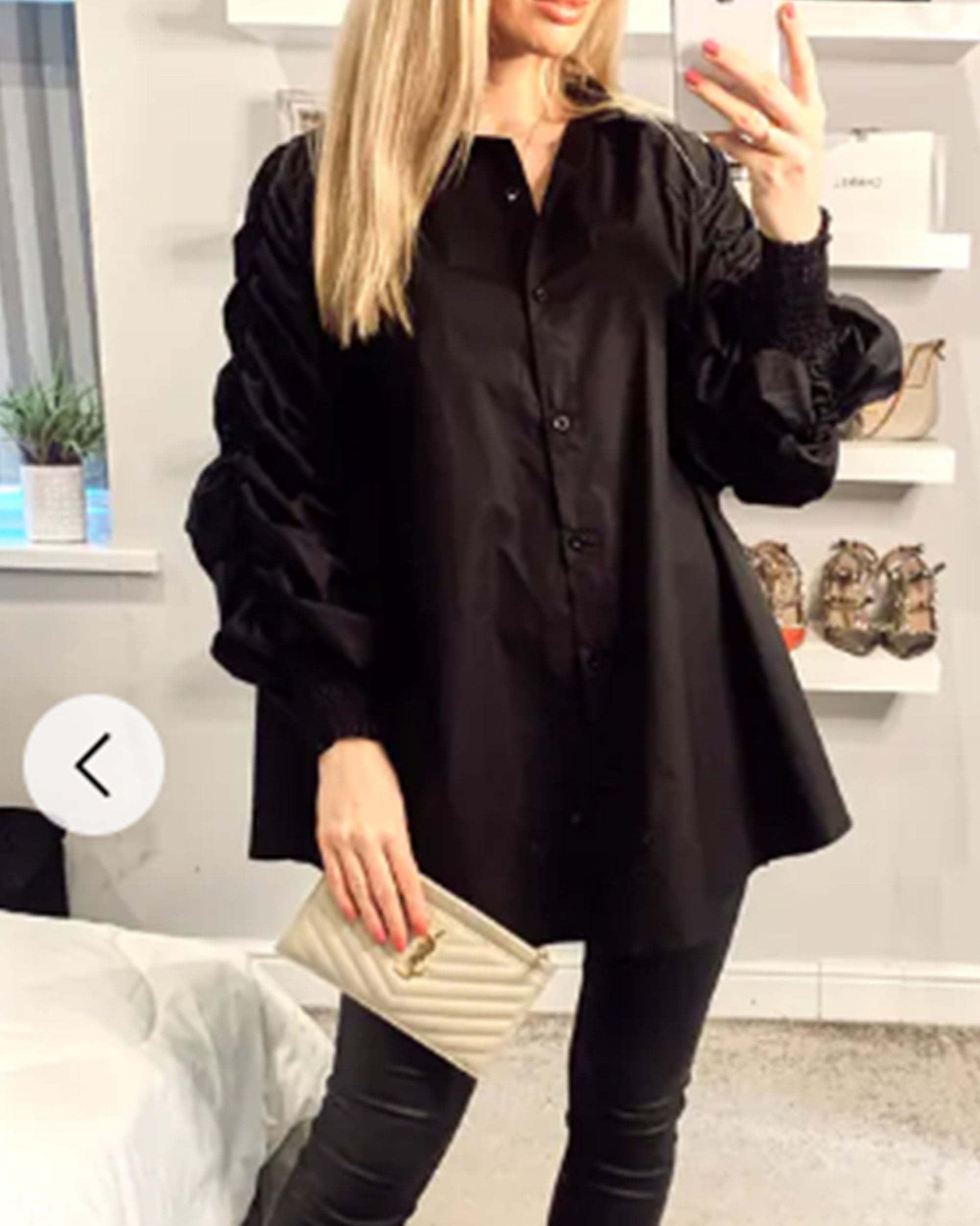 Cotton shirt with Ruched Sleeve in black