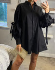 Oversized Ballon sleeves with tie up cotton blend shirt dress in black