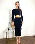 Long Sleeve Knit crop top with side lace up midi skirt co-ords in black