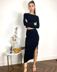 Long Sleeve Knit crop top with side lace up midi skirt co-ords in black