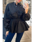 Ruffle design around chest and hem cotton shirt in Black