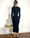 Long Sleeve Knit crop top with side lace up midi skirt co-ords in black