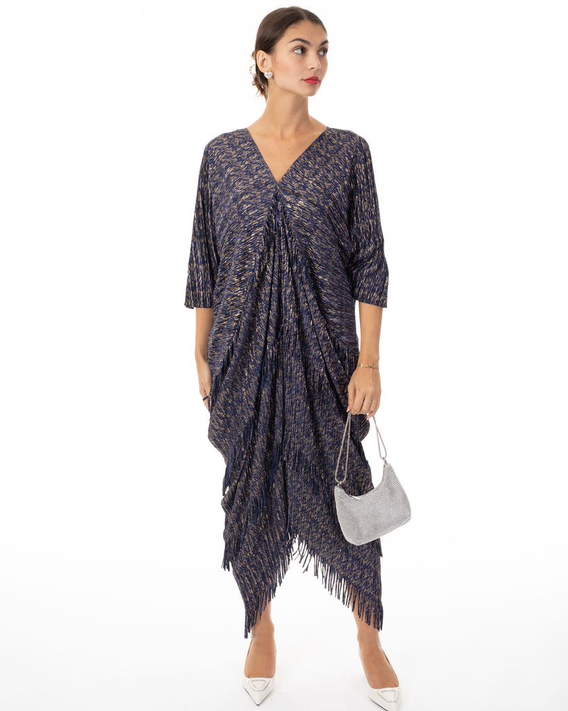 Layers Multi Fringed Tassel Pleated Midi Dress in Navy blue