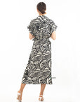 Multi Leaves' print Cotton Linen shirt dress short sleeves in Black