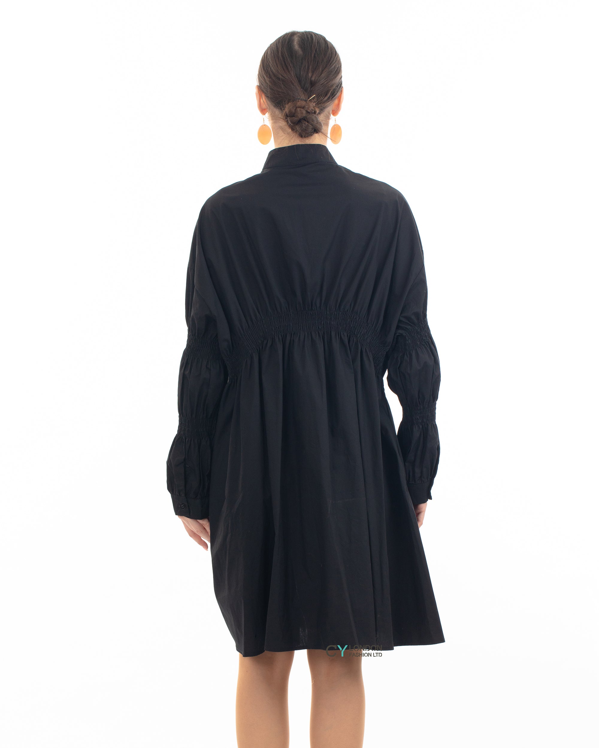 Asymmetry with Elasticated design cotton blend shirt dress in black