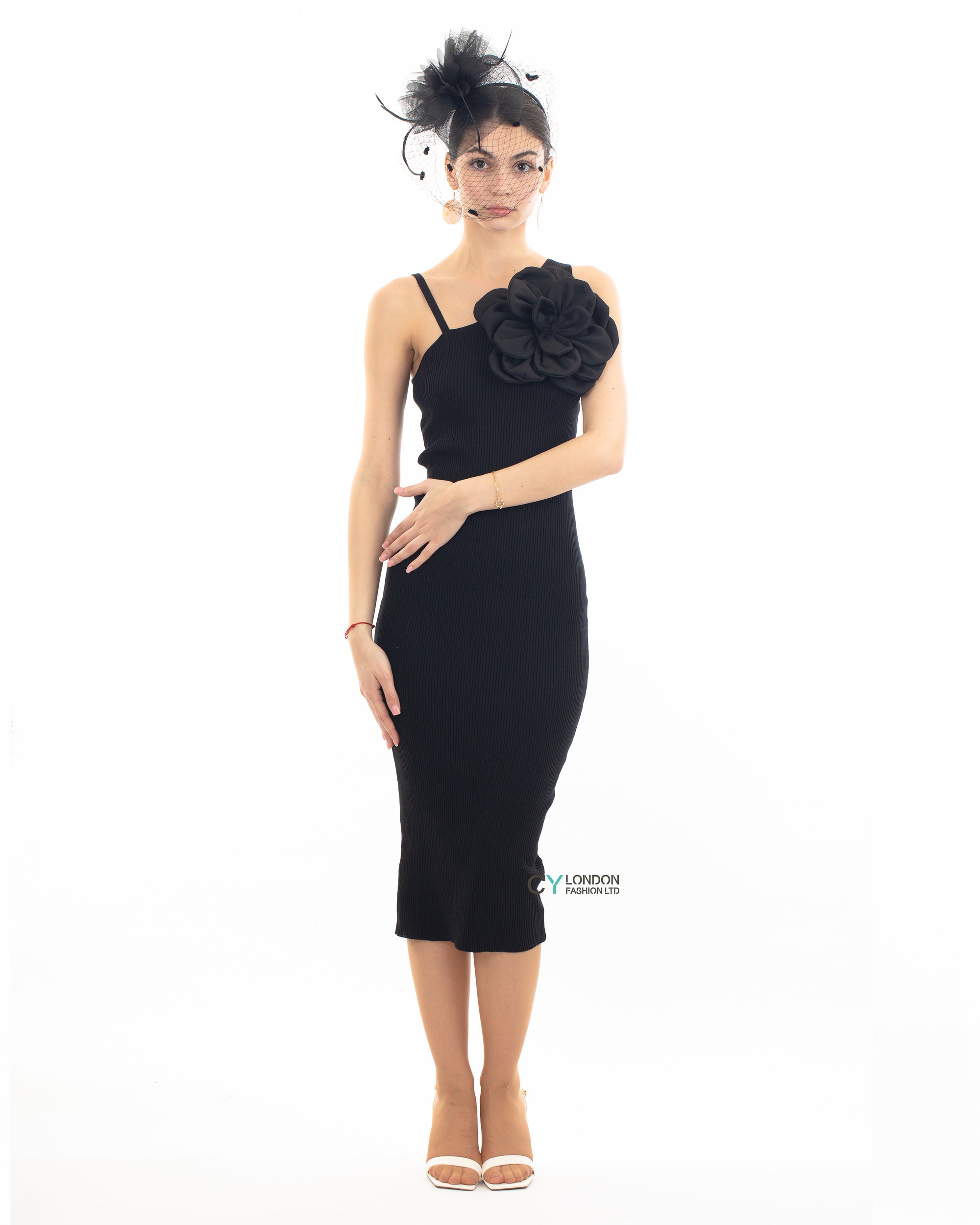 Knitted stretch cotton Bodycon midi dress with Camellias Brooches in black