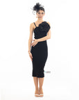 Knitted stretch cotton Bodycon midi dress with Camellias Brooches in black