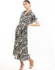 Multi Leaves' print Cotton Linen shirt dress short sleeves in Black