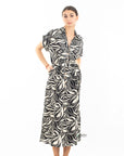 Multi Leaves' print Cotton Linen shirt dress short sleeves in Black