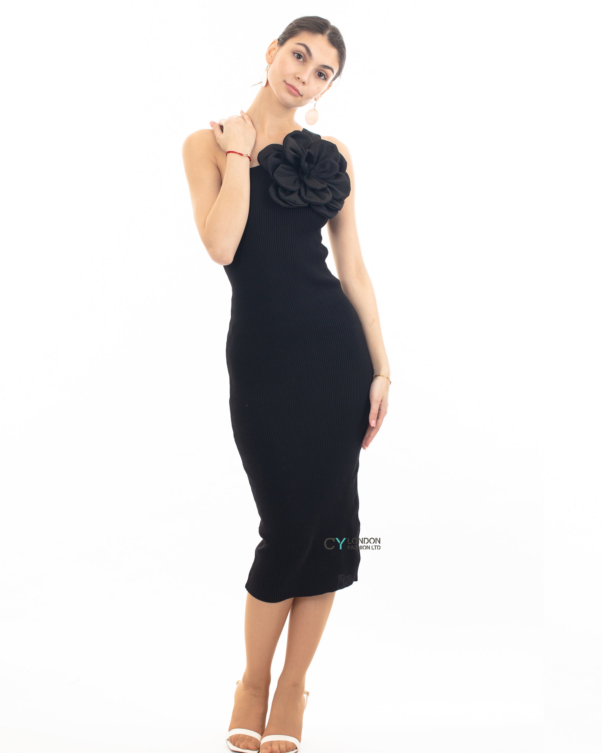 Knitted stretch cotton Bodycon midi dress with Camellias Brooches in black