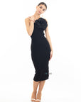 Knitted stretch cotton Bodycon midi dress with Camellias Brooches in black