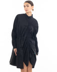 Asymmetry with Elasticated design cotton blend shirt dress in black