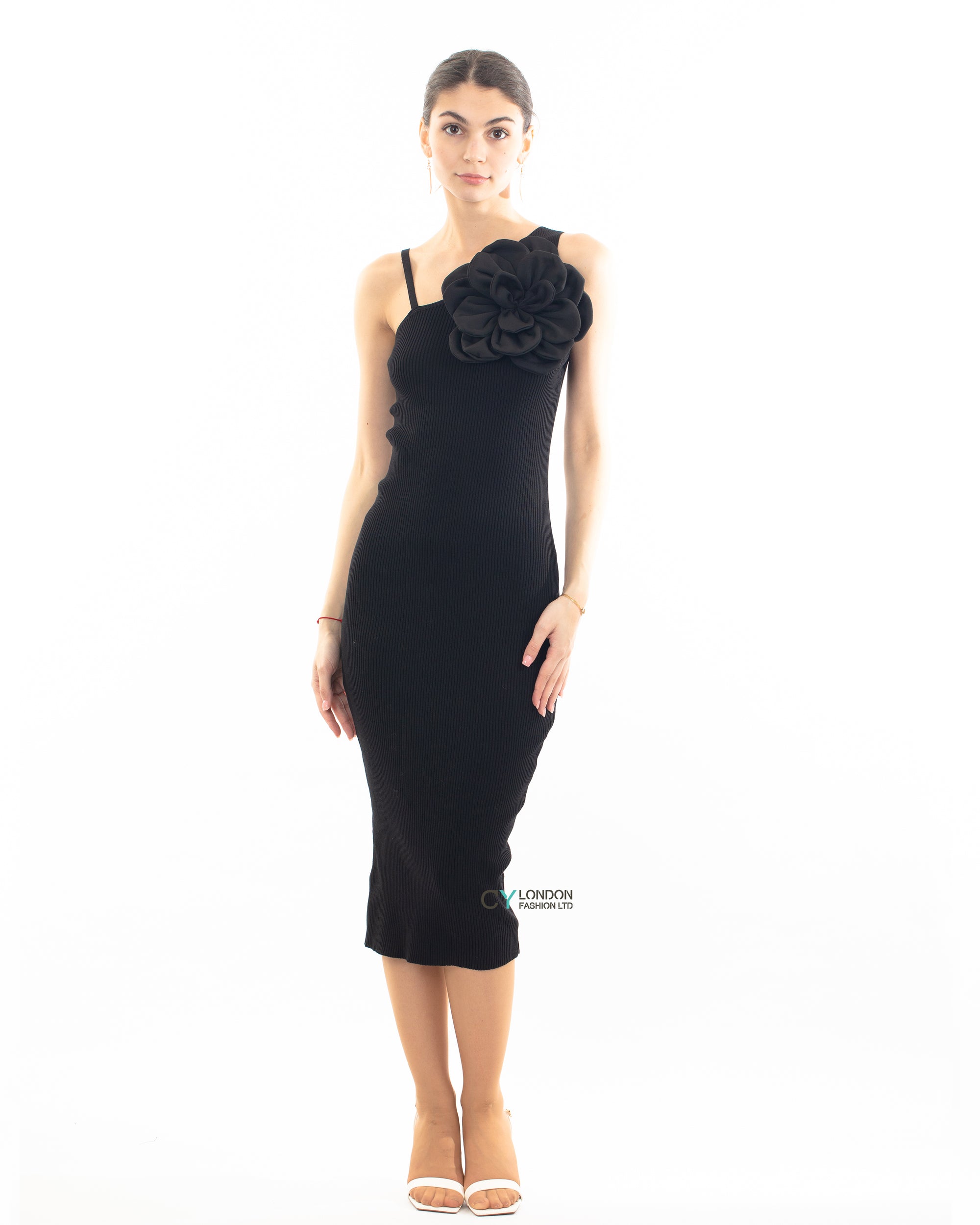 Knitted stretch cotton Bodycon midi dress with Camellias Brooches in black