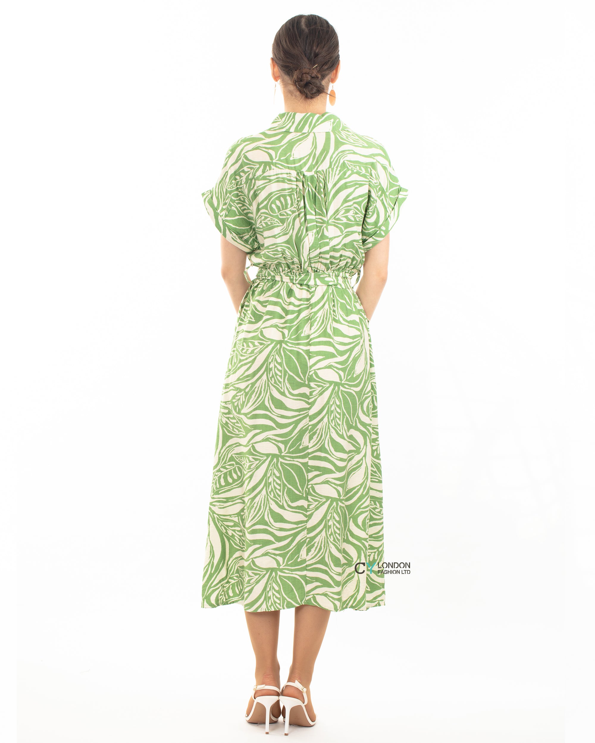 Multi Leaves&#39; print Cotton Linen shirt dress short sleeves in Green