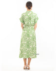 Multi Leaves' print Cotton Linen shirt dress short sleeves in Green