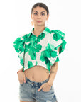 Green leaves' print with double layer sleeves design crop shirt top