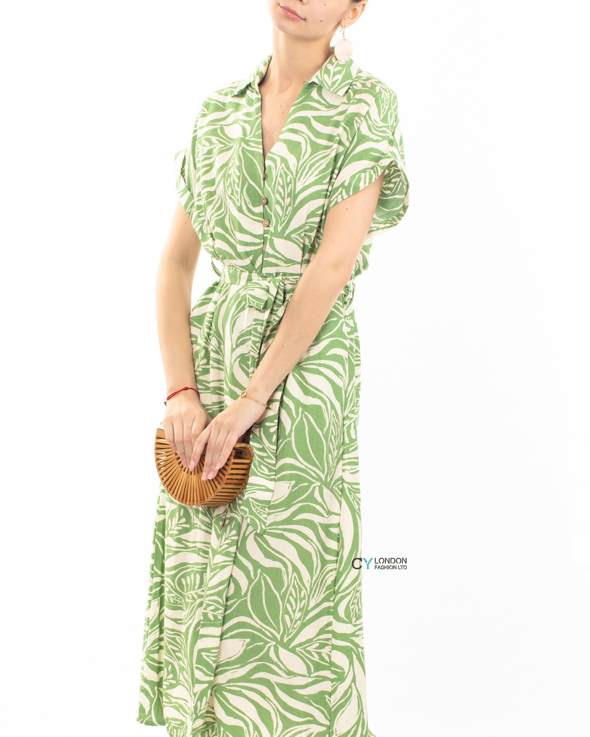 Multi Leaves&#39; print Cotton Linen shirt dress short sleeves in Green