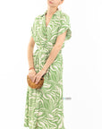 Multi Leaves' print Cotton Linen shirt dress short sleeves in Green