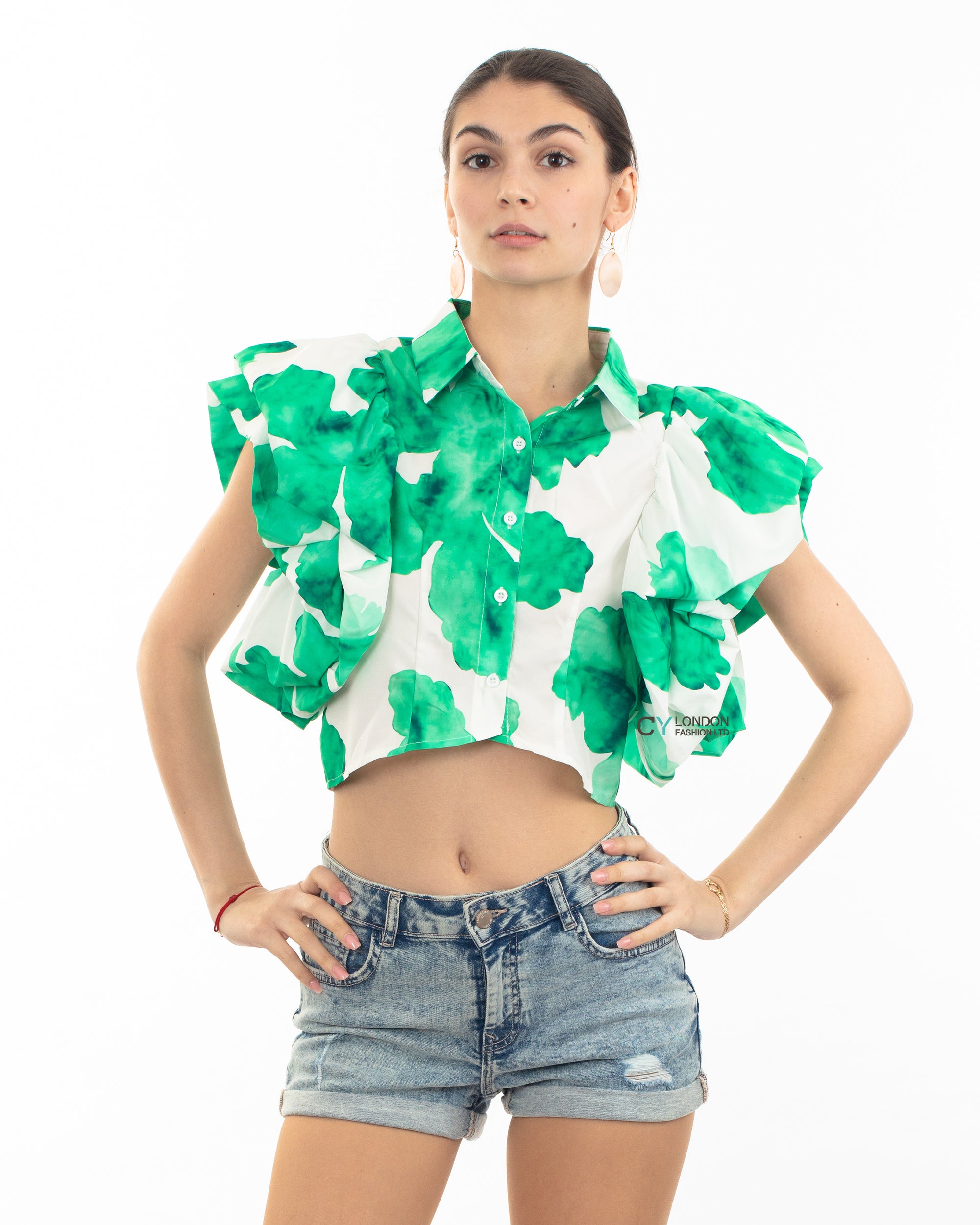 Green leaves&#39; print with double layer sleeves design crop shirt top