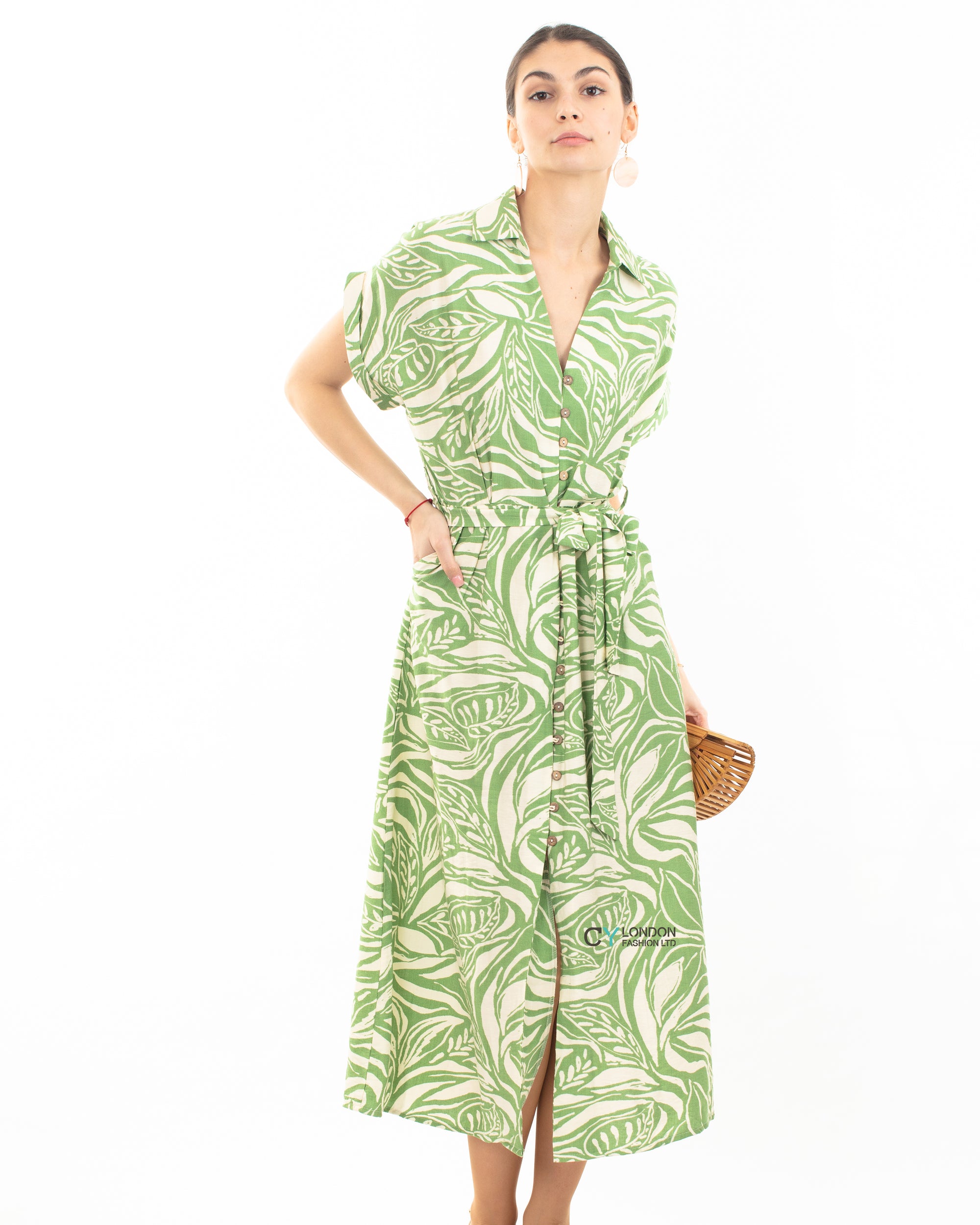 Multi Leaves&#39; print Cotton Linen shirt dress short sleeves in Green