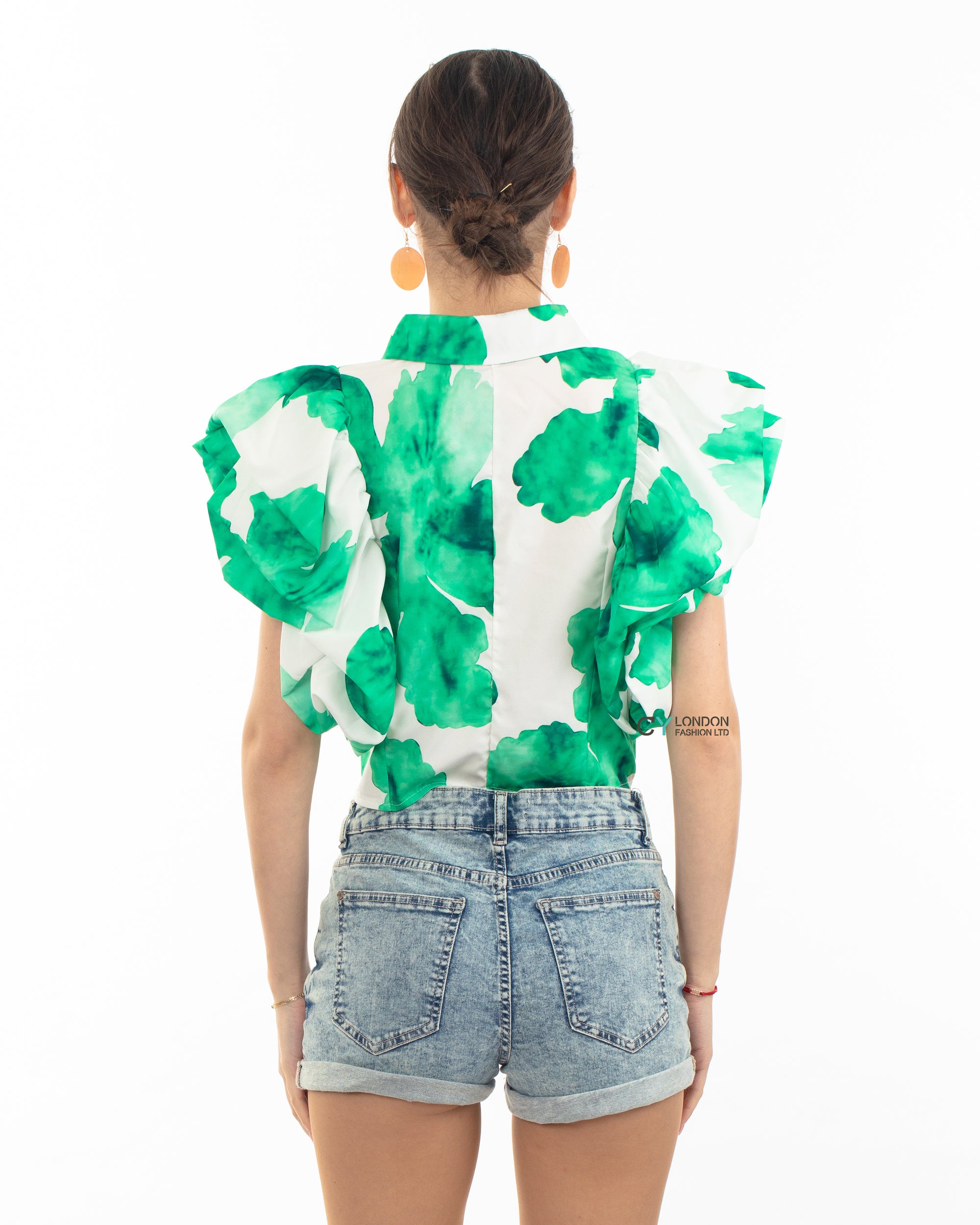 Green leaves&#39; print with double layer sleeves design crop shirt top