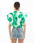 Green leaves' print with double layer sleeves design crop shirt top