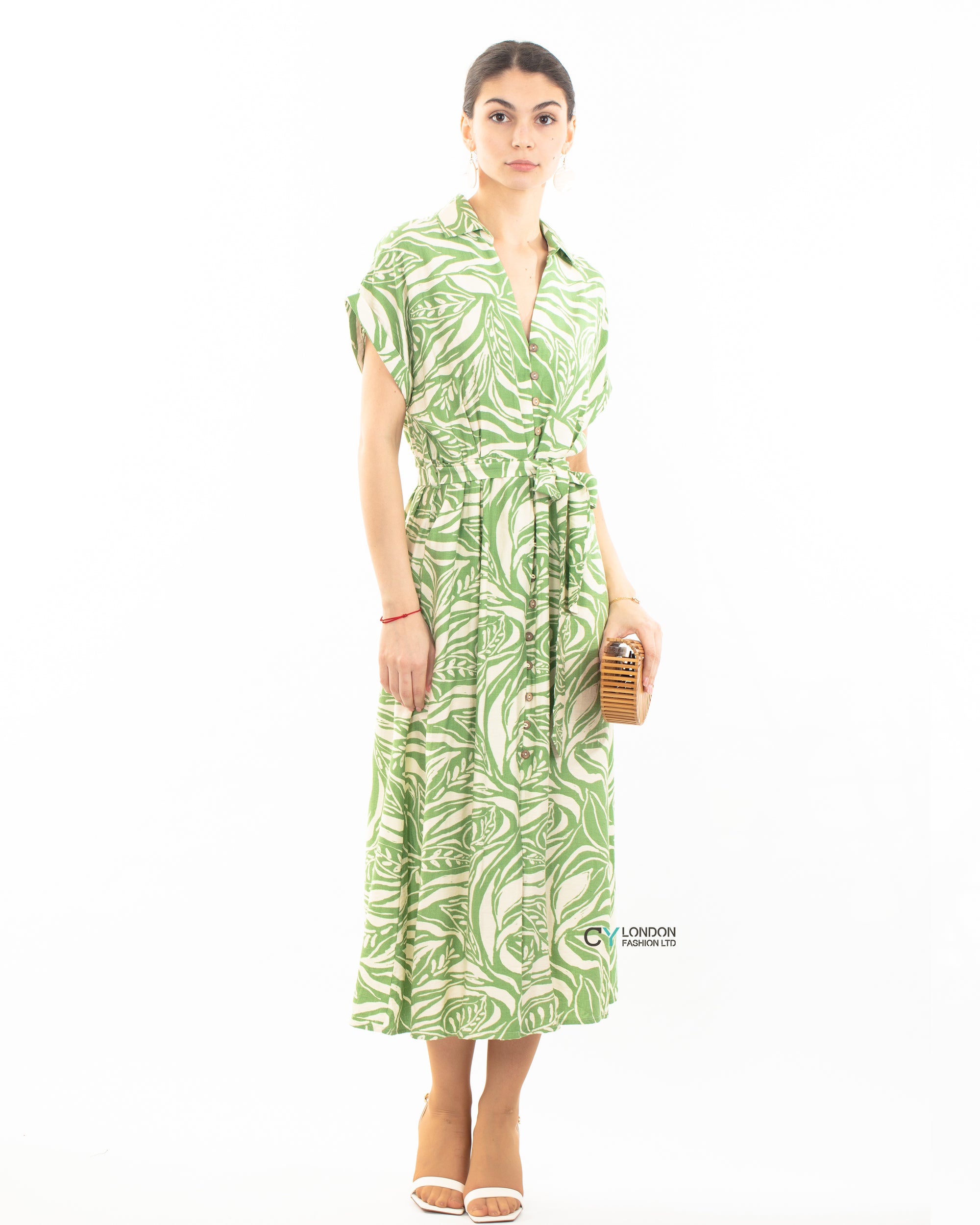 Multi Leaves&#39; print Cotton Linen shirt dress short sleeves in Green