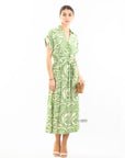 Multi Leaves' print Cotton Linen shirt dress short sleeves in Green