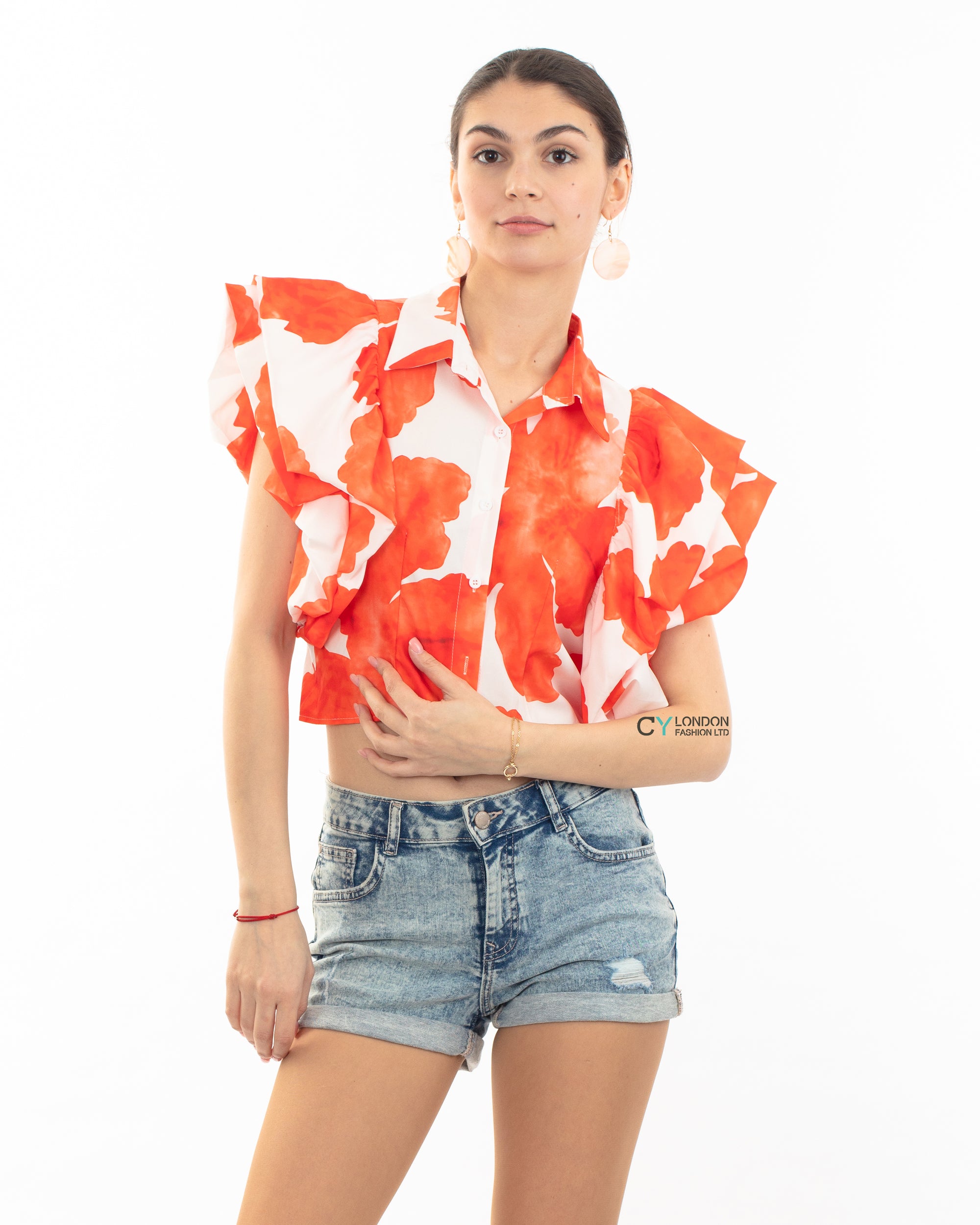 Orange leaves&#39; print with double layer sleeves design crop shirt top