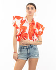 Orange leaves' print with double layer sleeves design crop shirt top