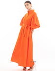 Cotton blend oversized shirt dress with ruffle sleeves design in orange