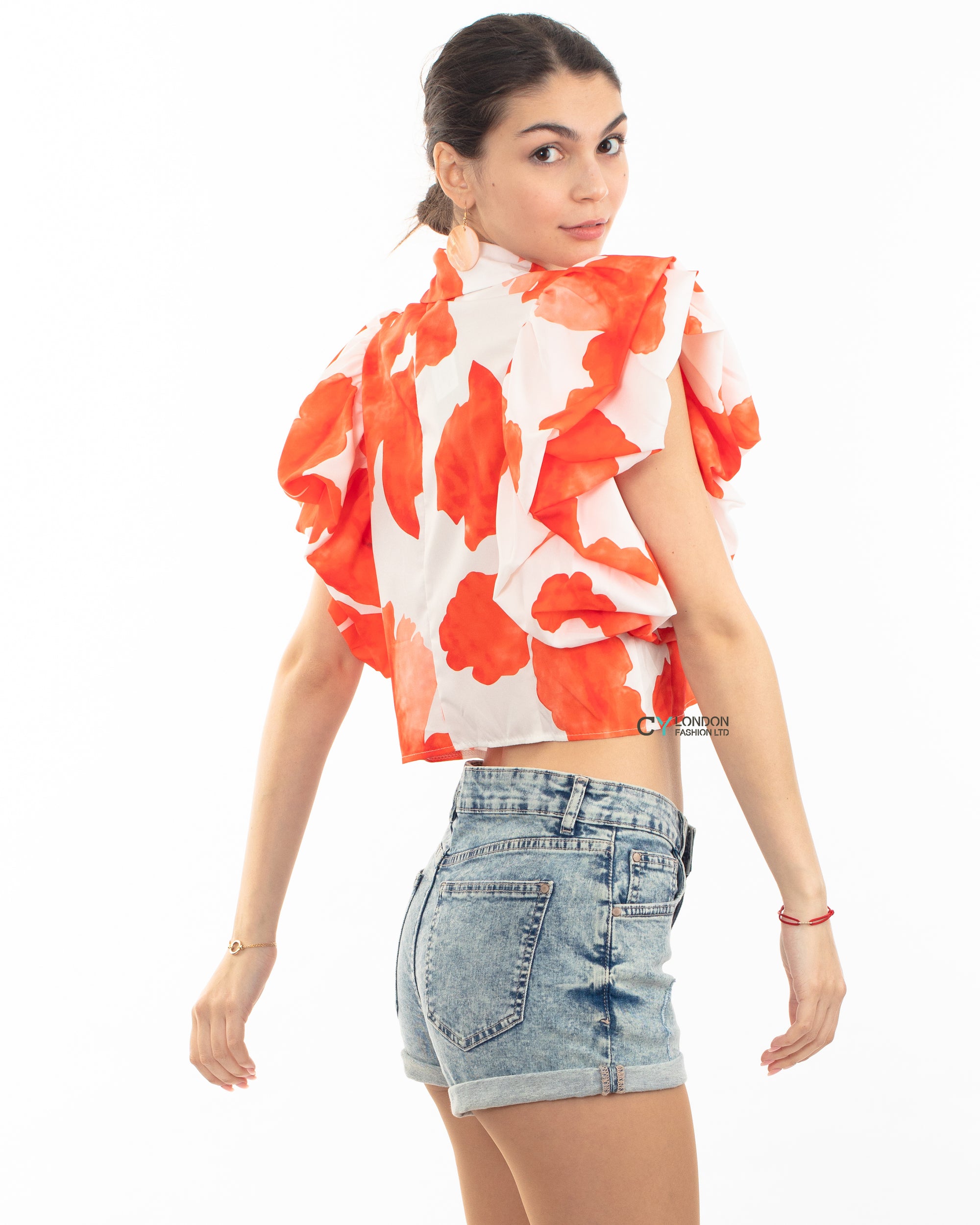 Orange leaves&#39; print with double layer sleeves design crop shirt top