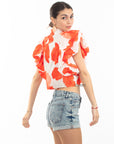 Orange leaves' print with double layer sleeves design crop shirt top