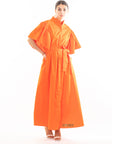 Cotton blend oversized shirt dress with ruffle sleeves design in orange