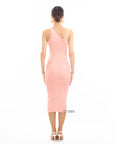 Knitted stretch cotton Bodycon midi dress with Camellias Brooches in pink