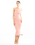 Knitted stretch cotton Bodycon midi dress with Camellias Brooches in pink