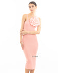 Knitted stretch cotton Bodycon midi dress with Camellias Brooches in pink