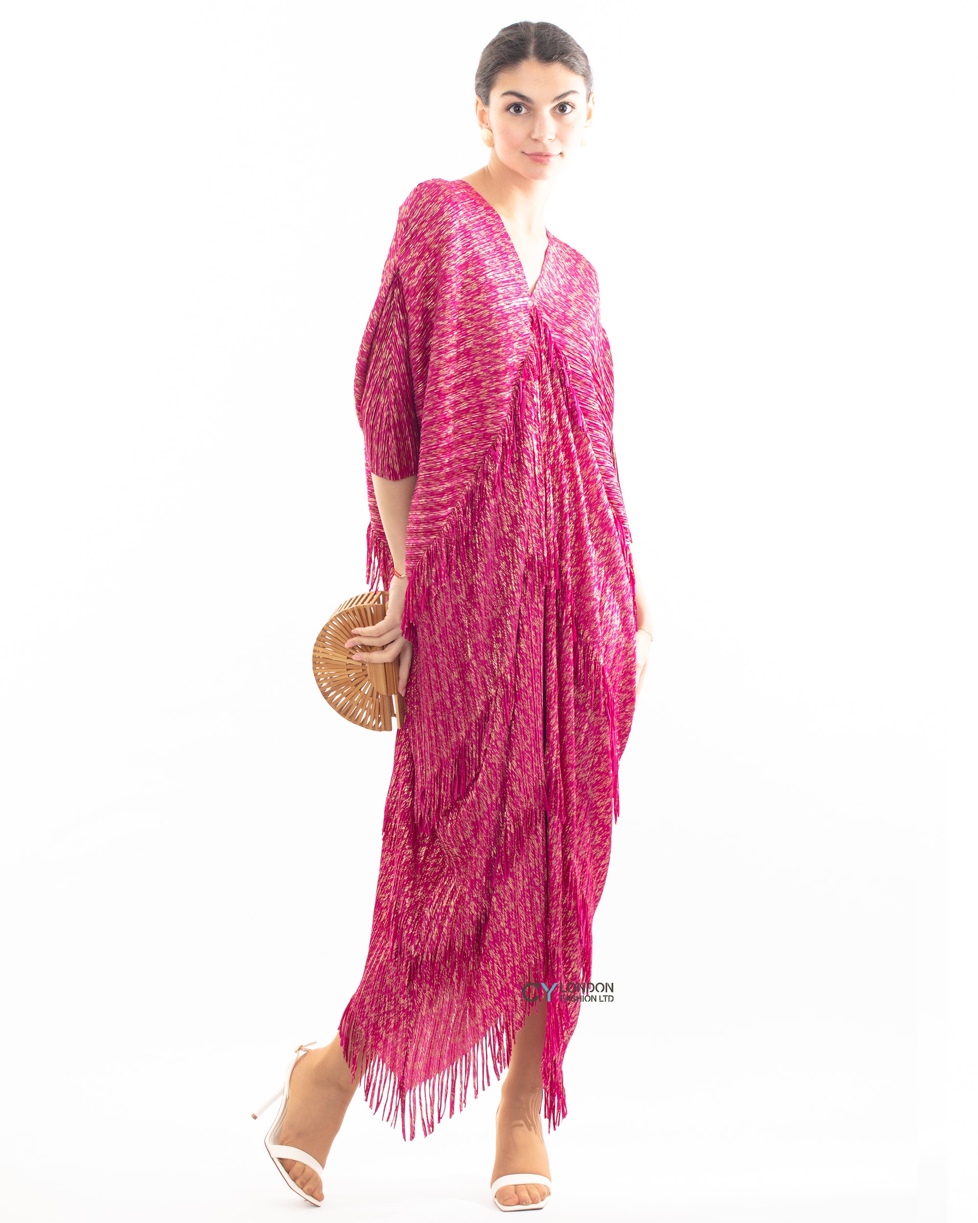 Layers Multi Fringed Tassel Pleated Midi Dress in Purple