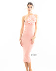 Knitted stretch cotton Bodycon midi dress with Camellias Brooches in pink