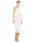 Knitted stretch cotton Bodycon midi dress with Camellias Brooches in white