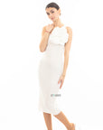 Knitted stretch cotton Bodycon midi dress with Camellias Brooches in white